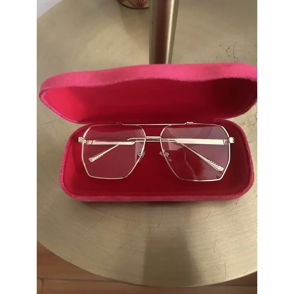 Gold Oversized Metal Frame Glases And Velvet Case Decorative Prescription